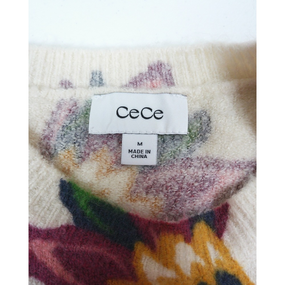 CeCe Floral Intarsia Sweater Womens Medium Ivory Pink Fuzzy Knit Botanical Print - Picture 4 of 10